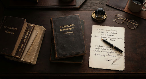 Bureau d'étude avec livres anciens, notes manuscrites et plume