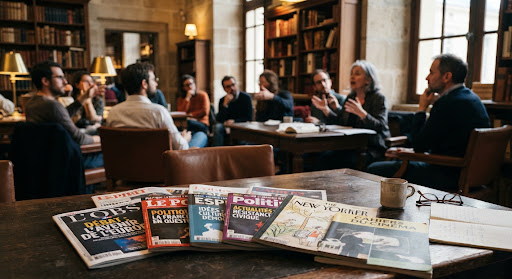Débat intellectuel dans une bibliothèque historique