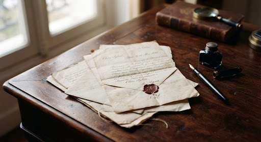 Lettres anciennes sur un bureau en acajou