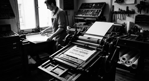 Vieuse presse d'imprimerie en activité