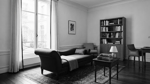 Cabinet d'analyse avec divan classique près d'une grande fenêtre